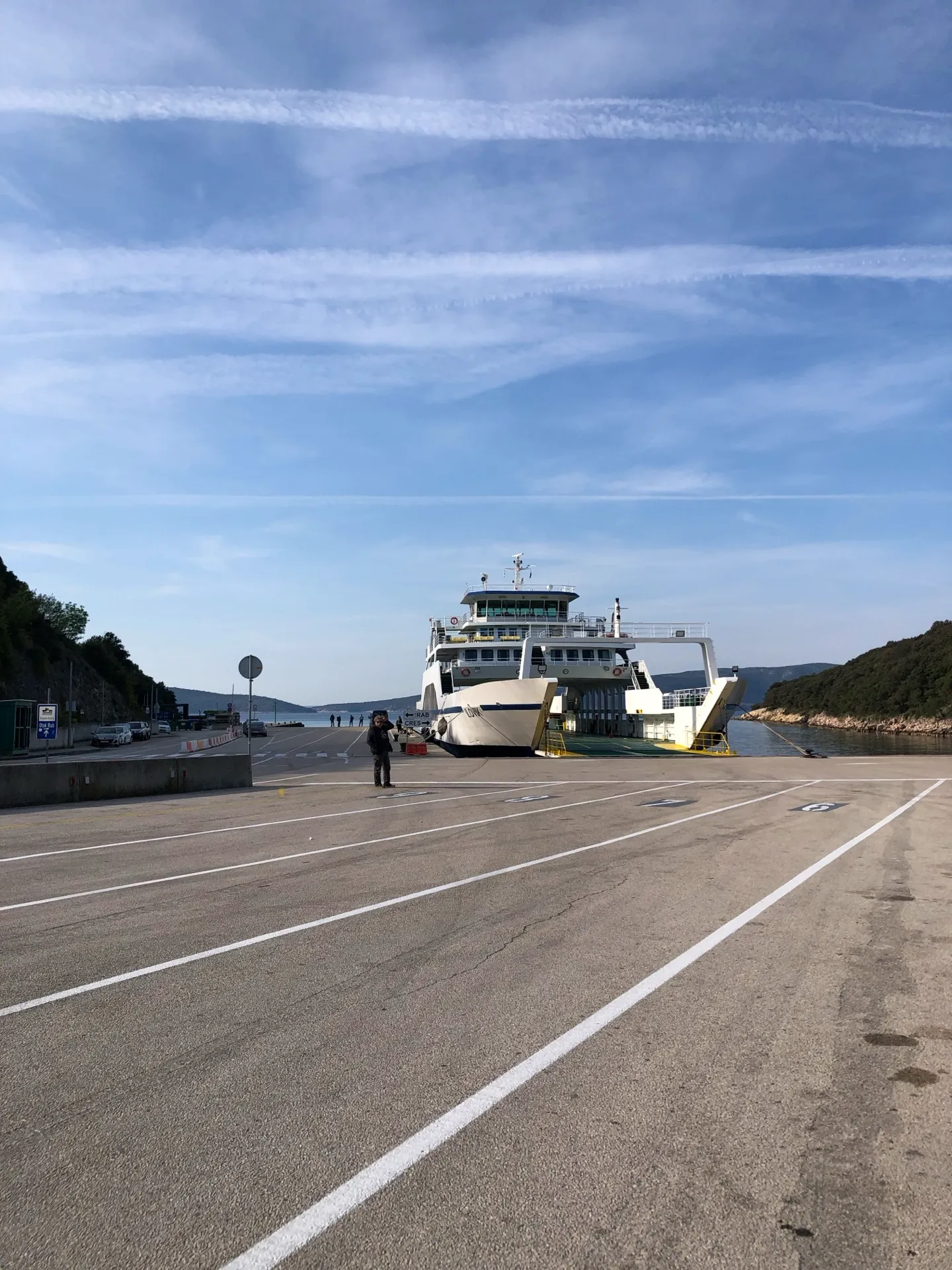 Road signs for Cres and Rab ferry queues at Valbiska port