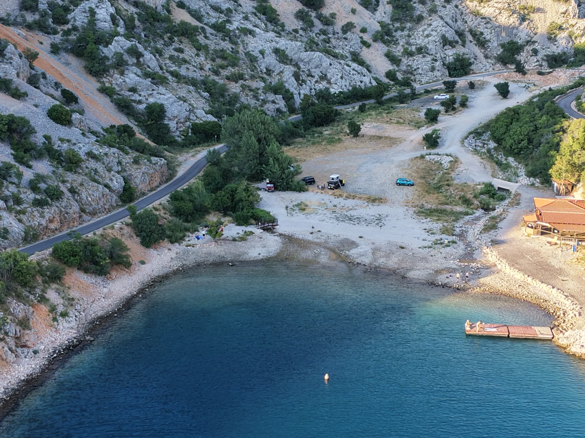 Aerial view of the dog beach in Mala Draga cove near Povile