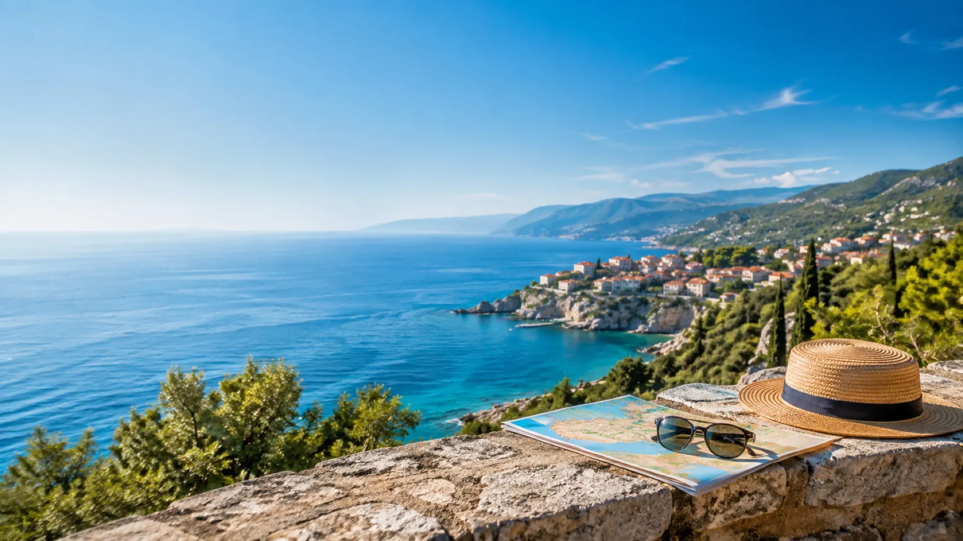 Map, sunglasses and sun hat overlooking the Croatian coast / Карта, солнцезащитные очки и шляпа с видом на хорватское побережье