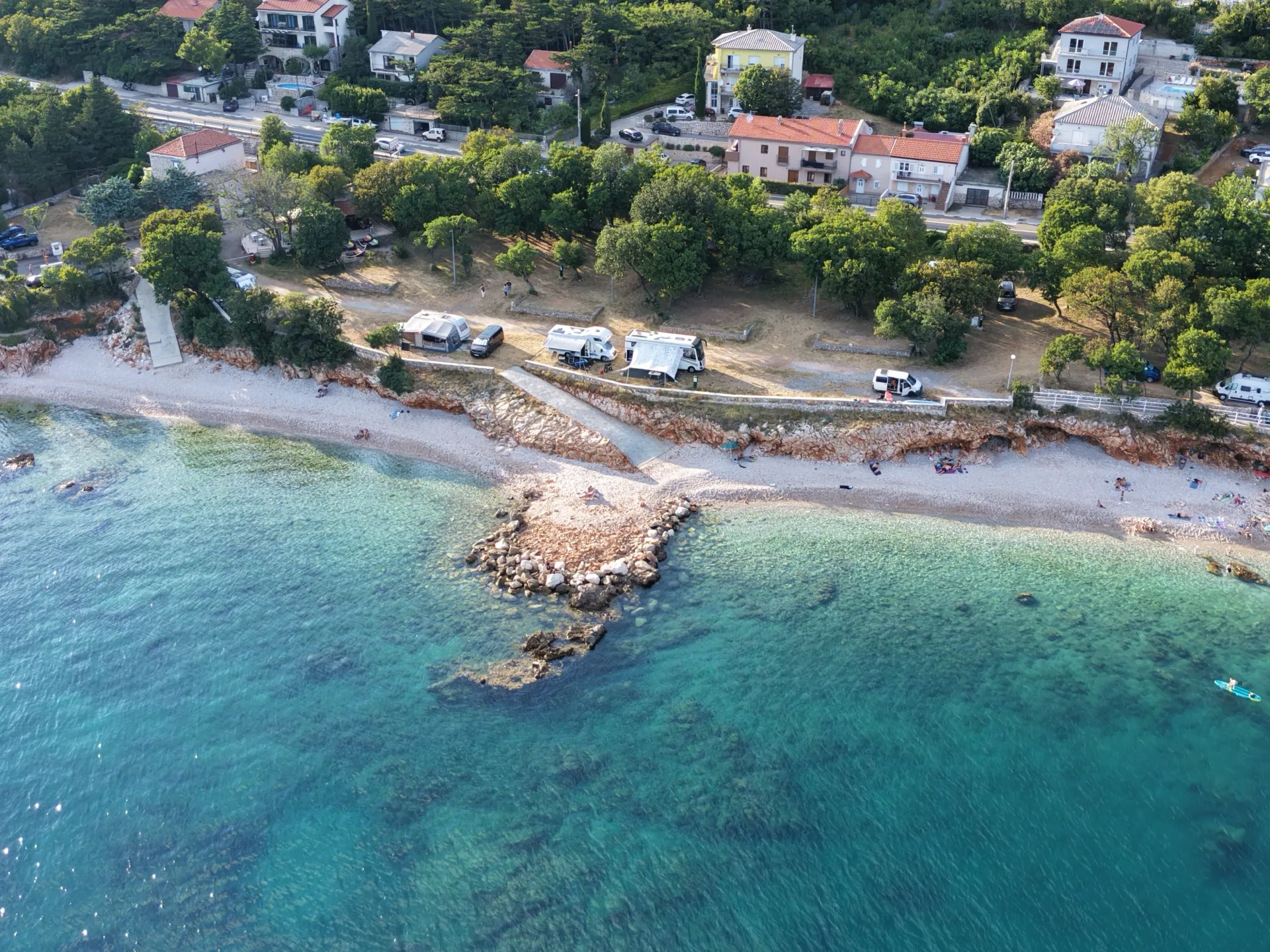 Aerial view of the seaside campsite and beach in Povile