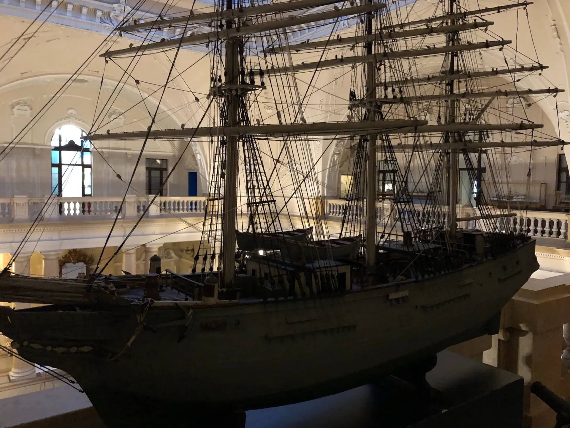 Large sailing ship model in the atrium of the Governor's Palace in Rijeka