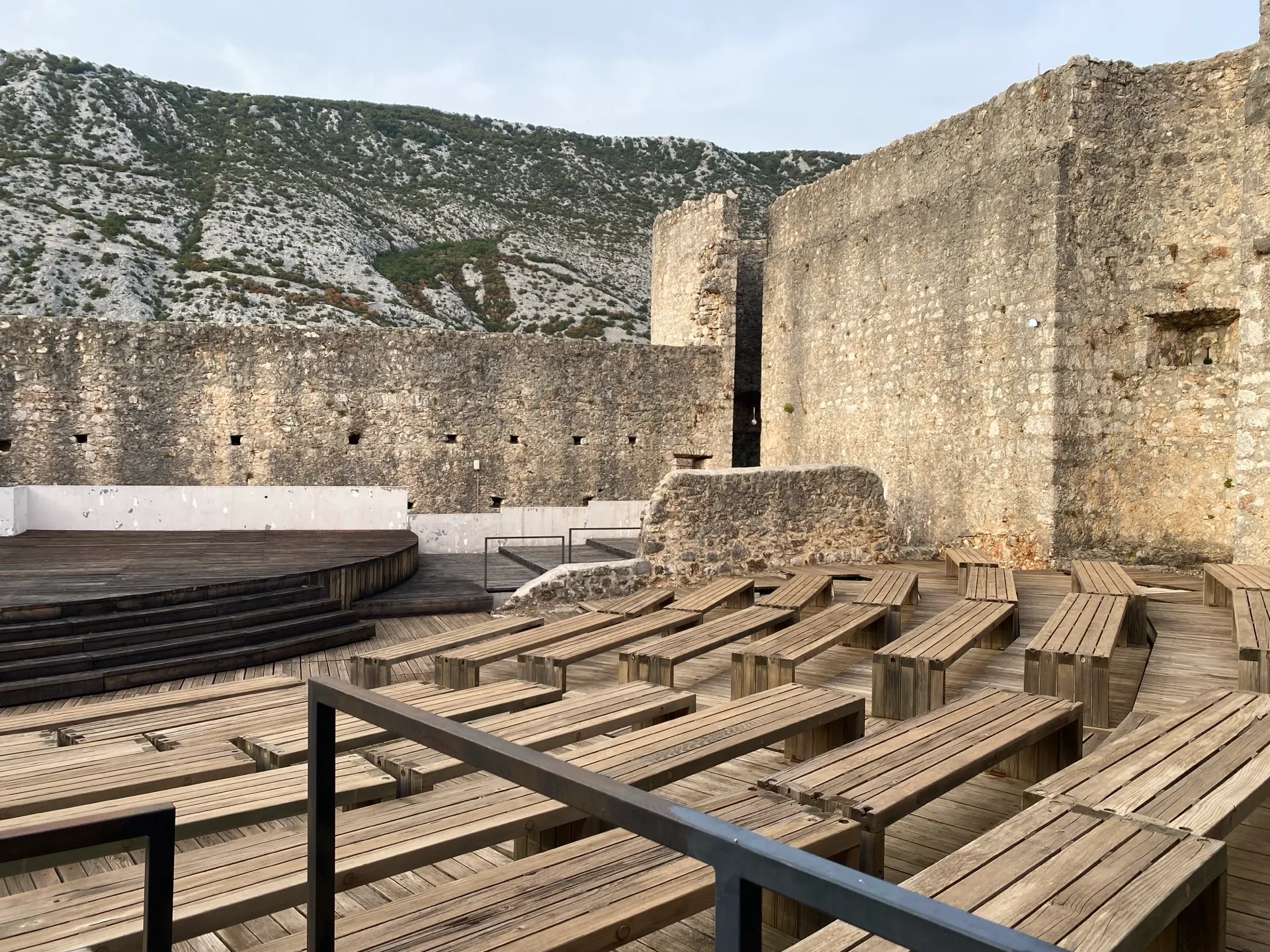 Modern seating arranged inside Drivenik Castle