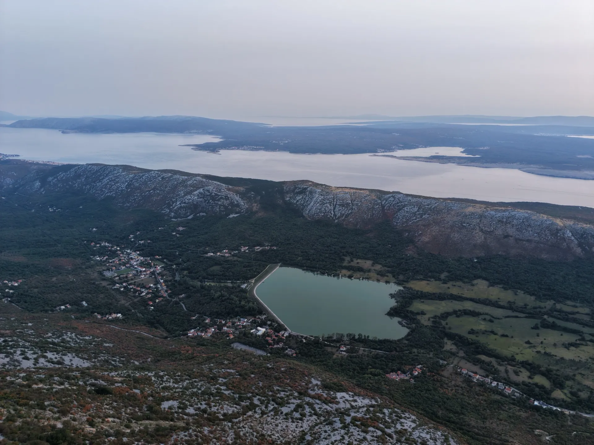 Aerial view from Mahavica toward Lake Tribalj and Kvarner